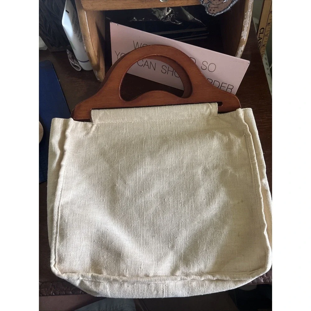 Vintage Cream Linen Handbag Jeweled Peacock with Brown Wooden Handles
